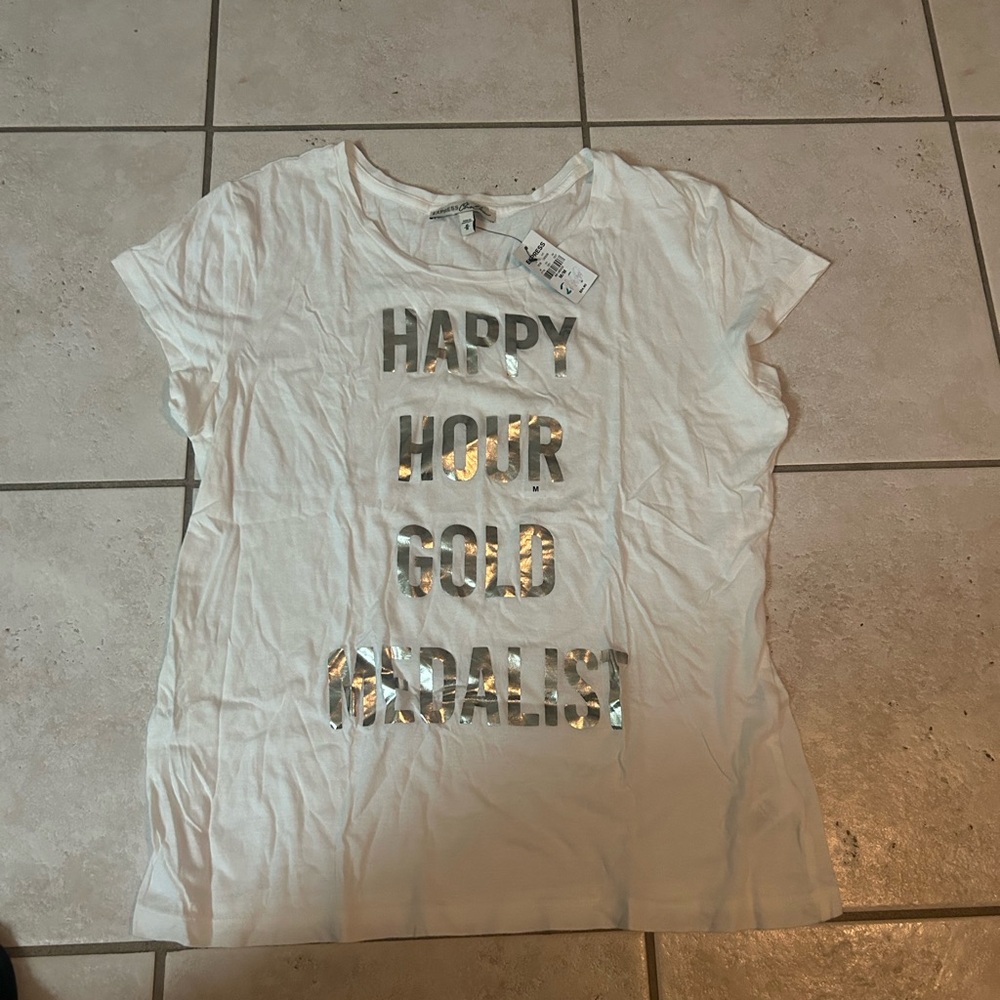 White Graphic Tee with Metallic Text